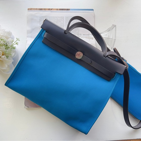 Hermes Herbag 31 PM Zip Bleu Zanzibar Bleu Indigo Vache Hunter Toile - Picture 1 of 8